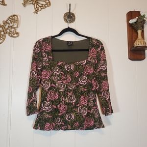 Vintage Y2K Rose Square Neck Pink Green Top Shirt 3/4 Sleeve Size Large